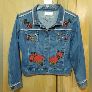 UpCycled Denim Rock Star Denim Jacket Womens M Blue Embroidered Rhinestone Pins